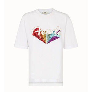 Fendi White Short Sleeve Round Neck Rainbow Sequined Fendi Roma Graphic Tee L